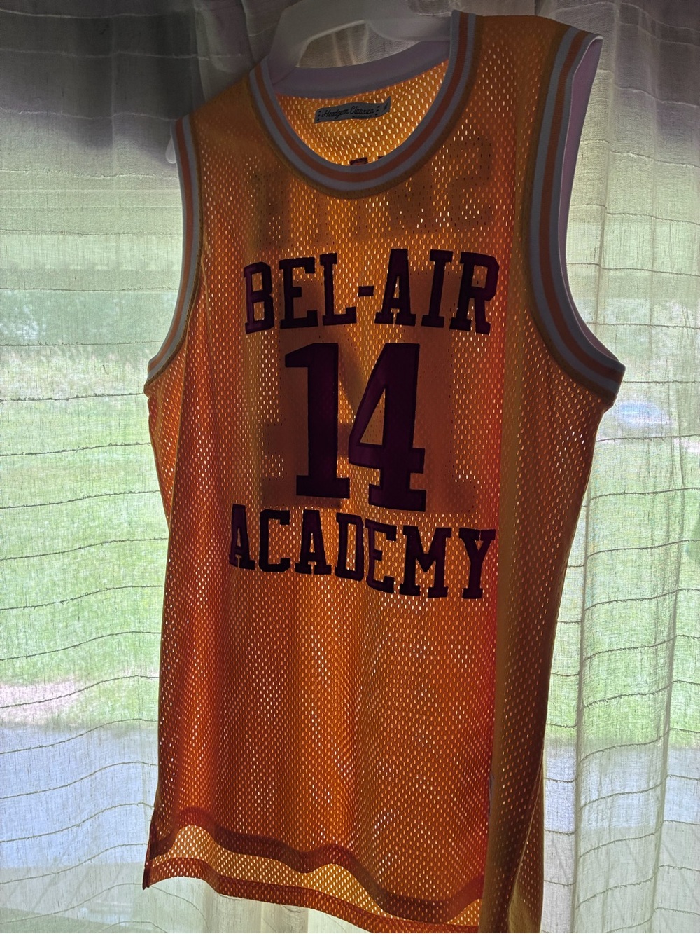 Jerzees Yellow Mesh Basketball Jersey with Purple Lettering